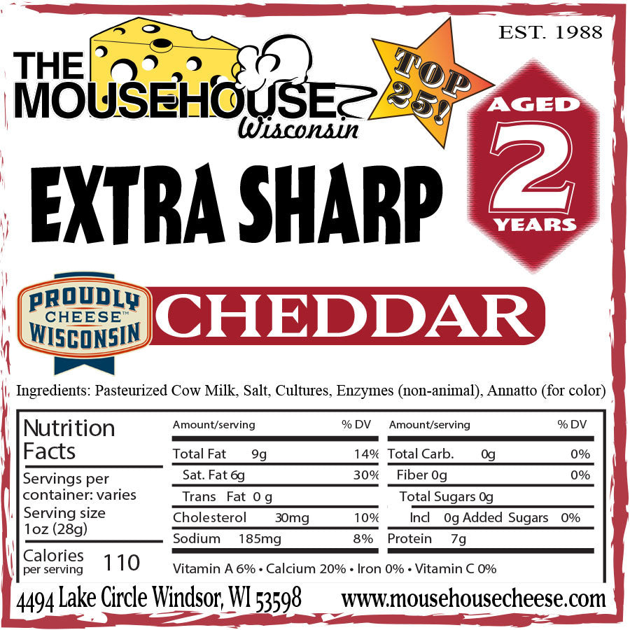 Aged 2 Years Extra Sharp Cheddar Label